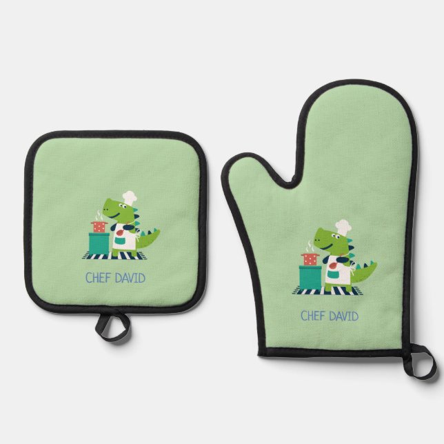 Dinosaur Kids Oven Mitt and Pot Holder Set (Front)