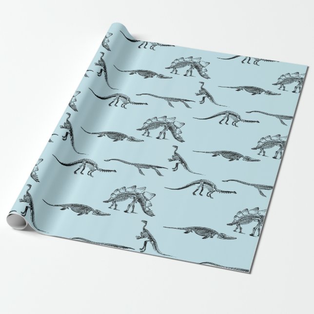 Dinosaur light blue pattern wrapping paper (Unrolled)