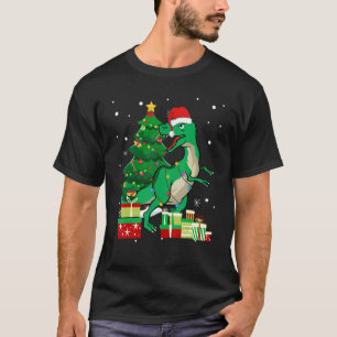 Dinosaur Lights Tree Santa Hat Christmas For Boys T-Shirt