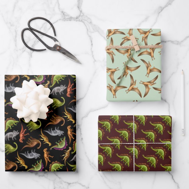 Dinosaur Love Wrapping Paper Flat Sheet Set of 3 (Front)
