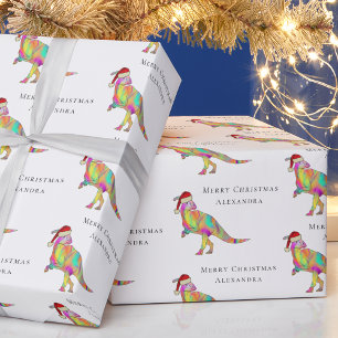 Dinosaur Merry Christmas Personalised Girl Name Wrapping Paper