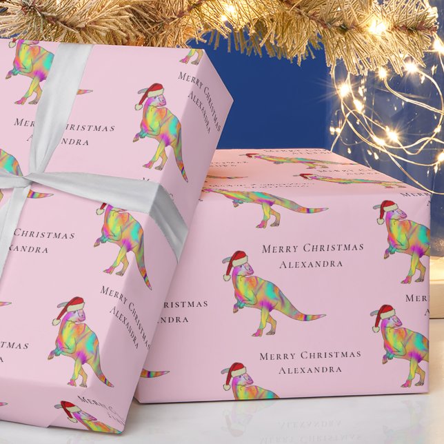 Dinosaur Merry Christmas Personalised Girl Name Wrapping Paper (Cute dinosaur Christmas personalized girls name pink festive gift wrapping paper Parasaurolophus )