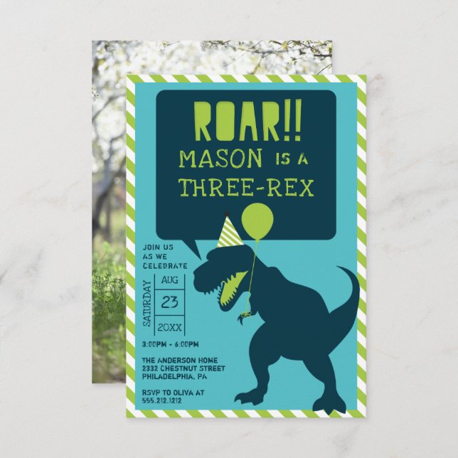 Dinosaur Modern Three Rex Birthday Invite (Front/Back)