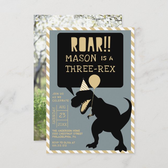 Dinosaur Modern Three Rex Birthday Invite (Front/Back)