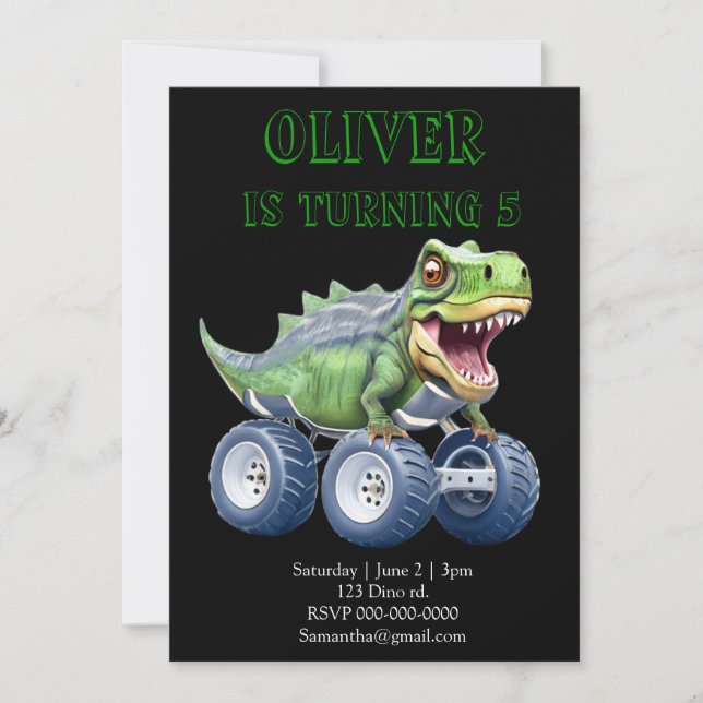 Dinosaur monster truck personalised birthday  invitation (Front)