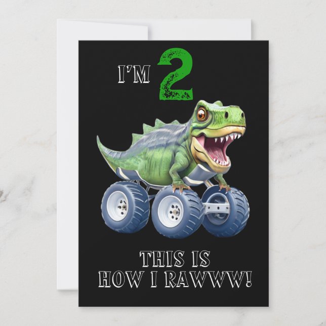 Dinosaur monster truck personalised birthday  invitation (Front)