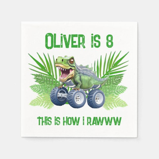 Dinosaur monster truck personalised birthday  napkin (Front)