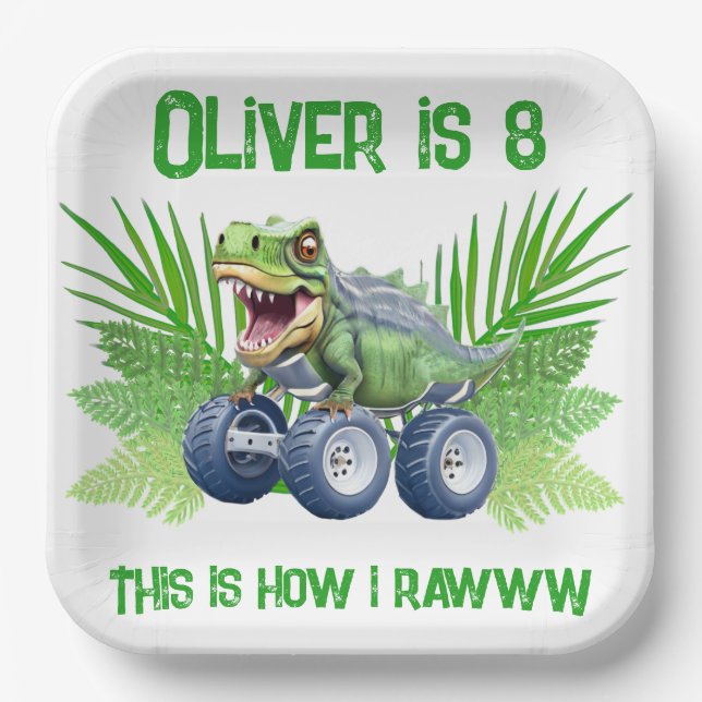 Dinosaur monster truck personalised birthday  paper plate (Front)