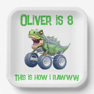 Dinosaur monster truck personalised birthday  paper plate
