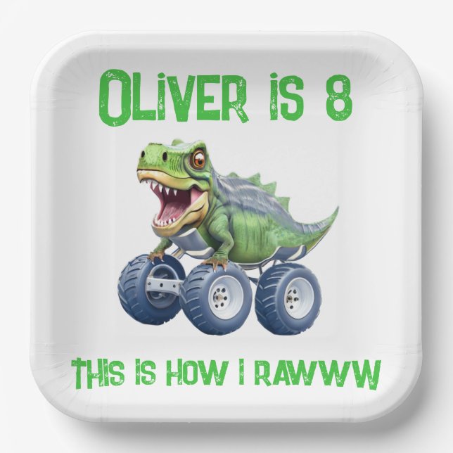 Dinosaur monster truck personalised birthday  paper plate (Front)