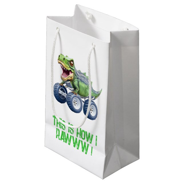 Dinosaur monster truck personalised birthday  small gift bag (Front Angled)
