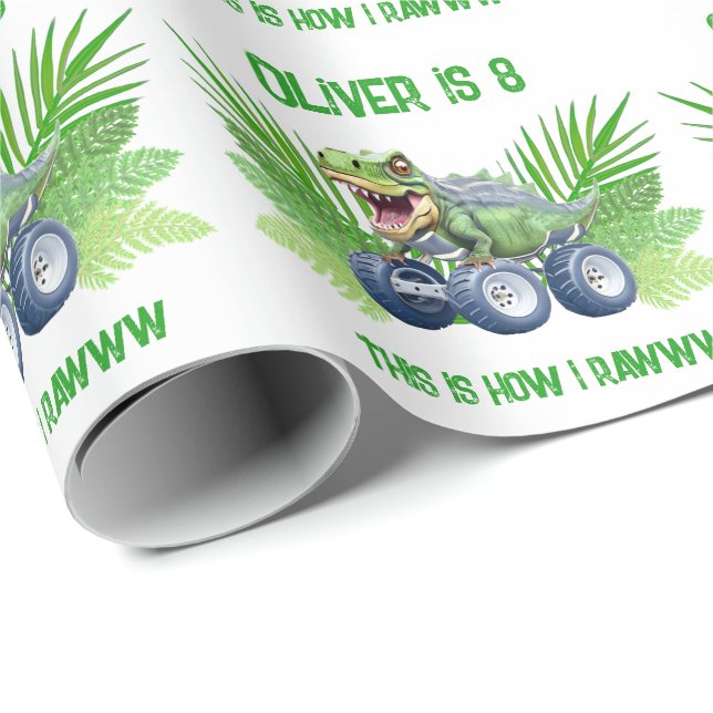 Dinosaur monster truck personalised birthday  wrapping paper (Roll Corner)
