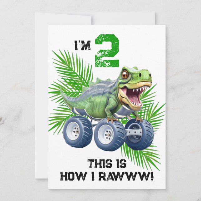 Dinosaur monster truck personalised kids birthday  invitation (Front)