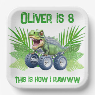 Dinosaur monster truck personalized birthday  paper plate