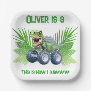 Dinosaur monster truck personalized birthday  paper plate