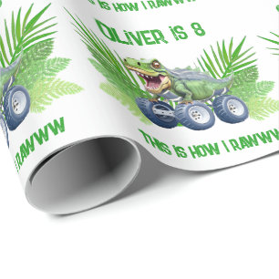 Dinosaur monster truck personalized birthday wrapping paper
