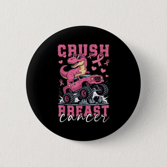 Dinosaur Monster Truck Pink Ribbon Crush Breast Ca 6 Cm Round Badge (Front)