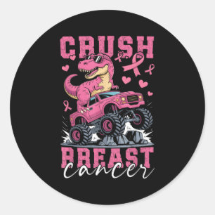 Dinosaur Monster Truck Pink Ribbon Crush Breast Ca Classic Round Sticker