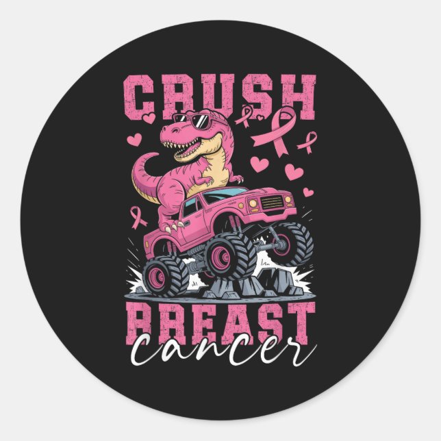 Dinosaur Monster Truck Pink Ribbon Crush Breast Ca Classic Round Sticker (Front)