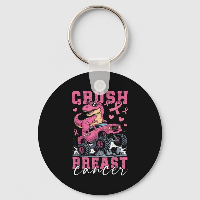Dinosaur Monster Truck Pink Ribbon Crush Breast Ca Key Ring (Front)