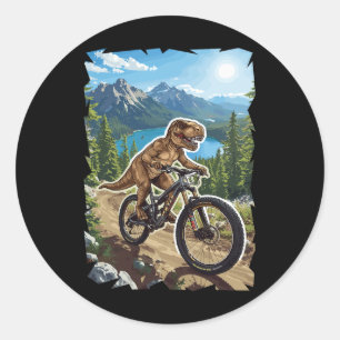 Dinosaur Mountain Biking Through Forest Trail Classic Round Sticker
