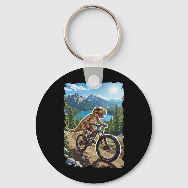 Dinosaur Mountain Biking Through Forest Trail  Key Ring (Front)