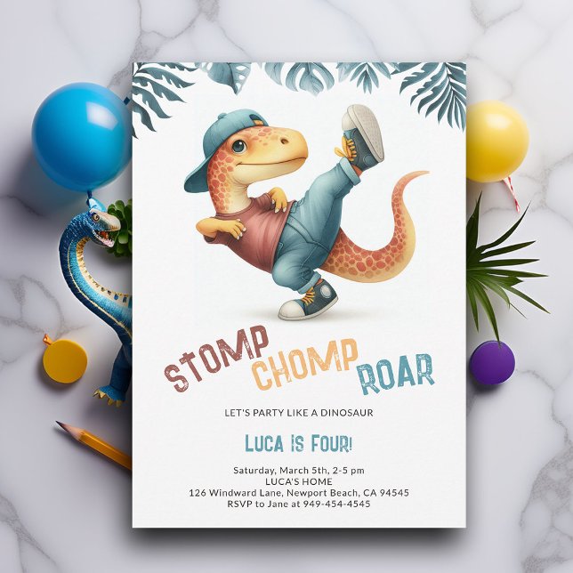 Dinosaur Moves Cool Stomp Chomp Roar Boy Birthday Invitation (Dinosaur boy birthday invitation dino stomp chomp roar pre historic jungle hip dance party cute fun)