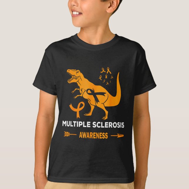 Dinosaur Multiple Sclerosis Awareness Orange Ribbo T-Shirt (Front)