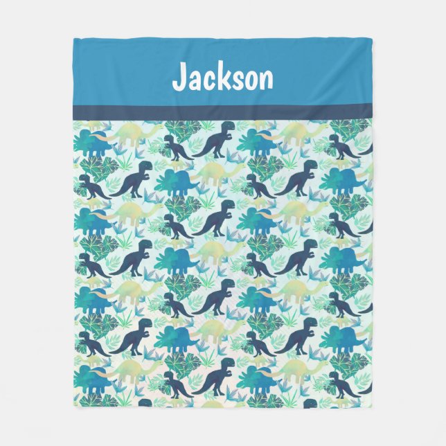 Dinosaur Navy Blue Green Teal Fleece Blanket (Front)