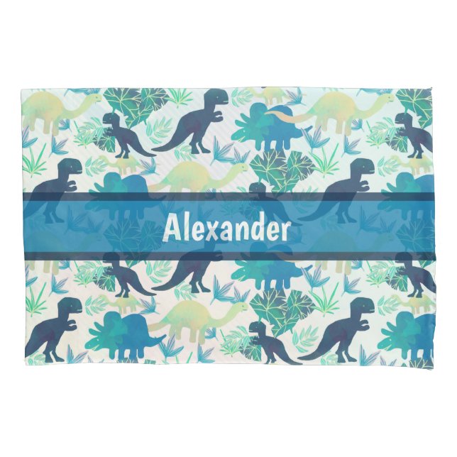 Dinosaur Navy Blue Green Teal Pillowcase (Front)