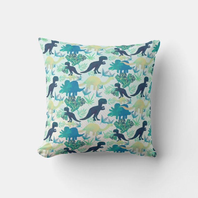 Dinosaur Navy Blue Green Teal Throw Pillow (Front)