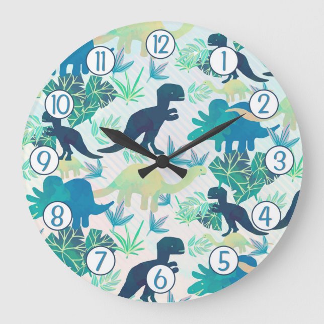 Dinosaur Navy Blue Green Teal Wall Clock (Front)