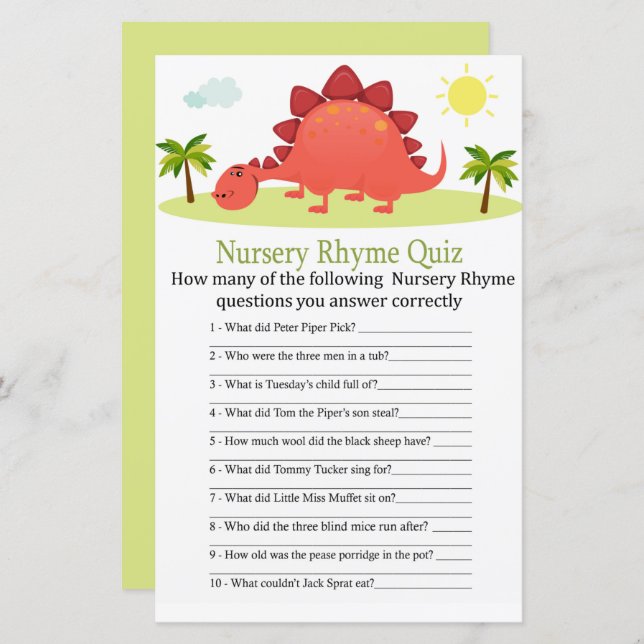 Dinosaur Nursery Rhyme Quiz baby shower game (Front/Back)