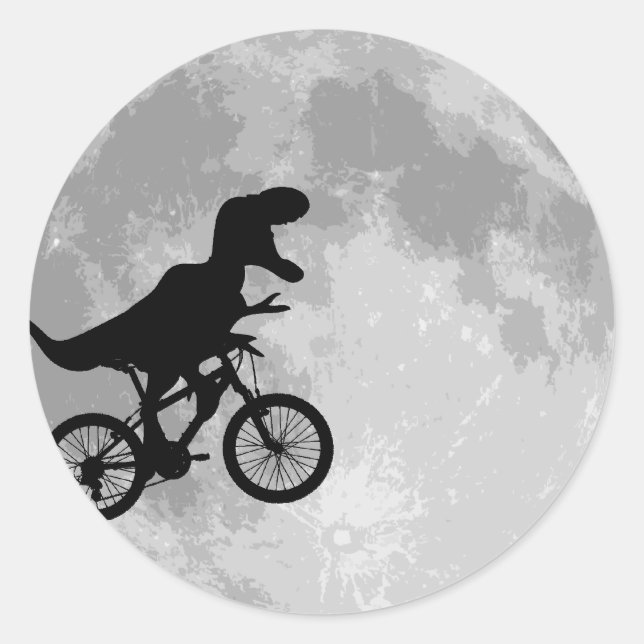 Dinosaur on a Bike In Sky With Moon Classic Round Sticker (Front)