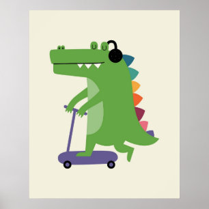 Dinosaur on a Scooter with Headphones Baby kids Poster