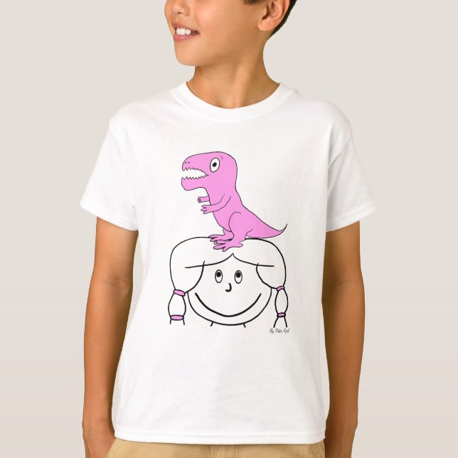 "Dinosaur on My Head!" Girl's Apparel (Pink Dino) T-Shirt (Front)