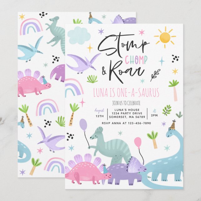 Dinosaur One-A-Saurs 1st Birthday Party Invitation (Front/Back)