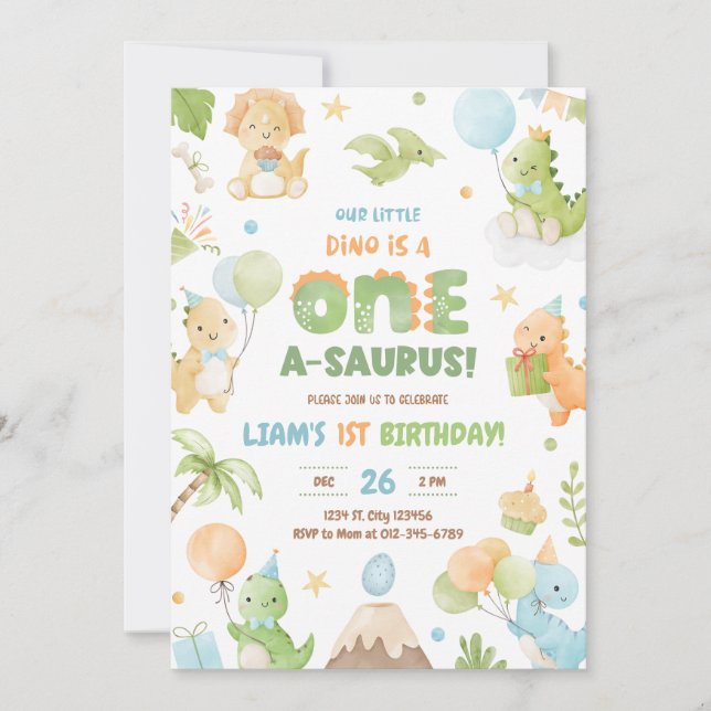 Dinosaur One-A-Saurus 1st Birthday Party Invitatio Invitation (Front)