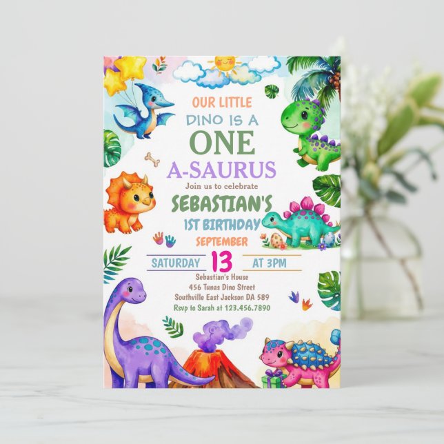 Dinosaur One-A-Saurus 1st Birthday Party Invitation (Standing Front)