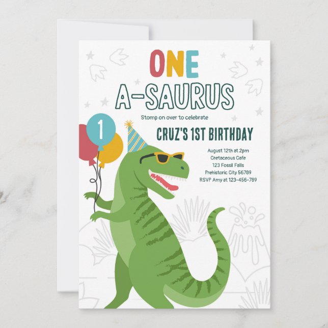 Dinosaur One A-Saurus 1st Birthday Party T-Rex  Invitation (Front)