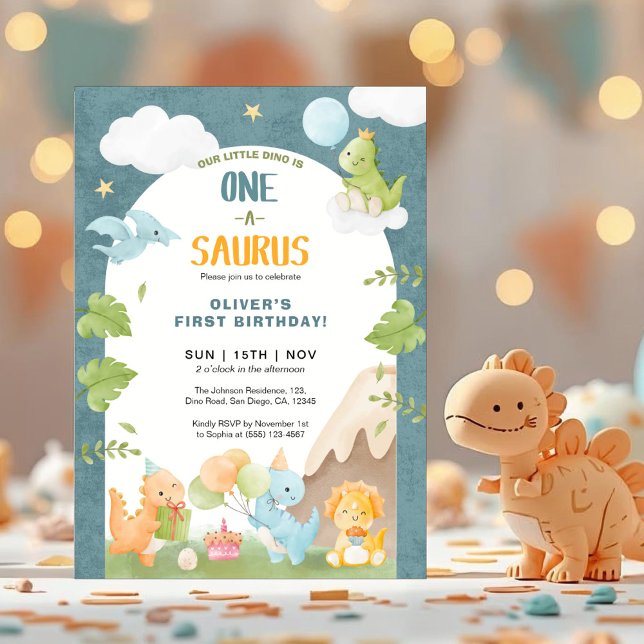 Dinosaur One-A-Saurus 1st First Birthday Party Invitation (Creator Uploaded)