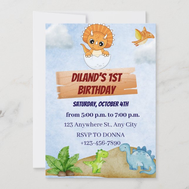 Dinosaur One A-Saurus Boy 1st Birthday Invitation (Front)