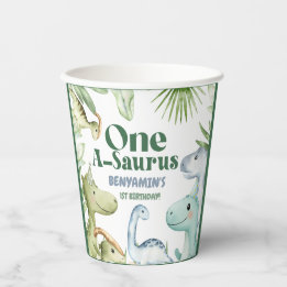 Dinosaur One-A-Saurus Boy 1st Birthday Party Invit Paper Cups