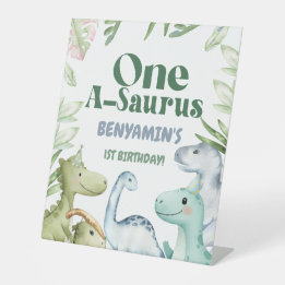 Dinosaur One-A-Saurus Boy 1st Birthday Party Invit Pedestal Sign