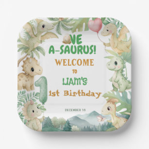 Dinosaur One-A-Saurus Boy 1st Birthday Party Paper Plate
