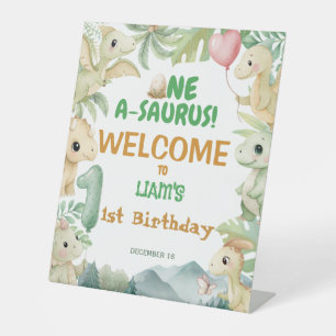 Dinosaur One-A-Saurus Boy 1st Birthday Party Pedestal Sign