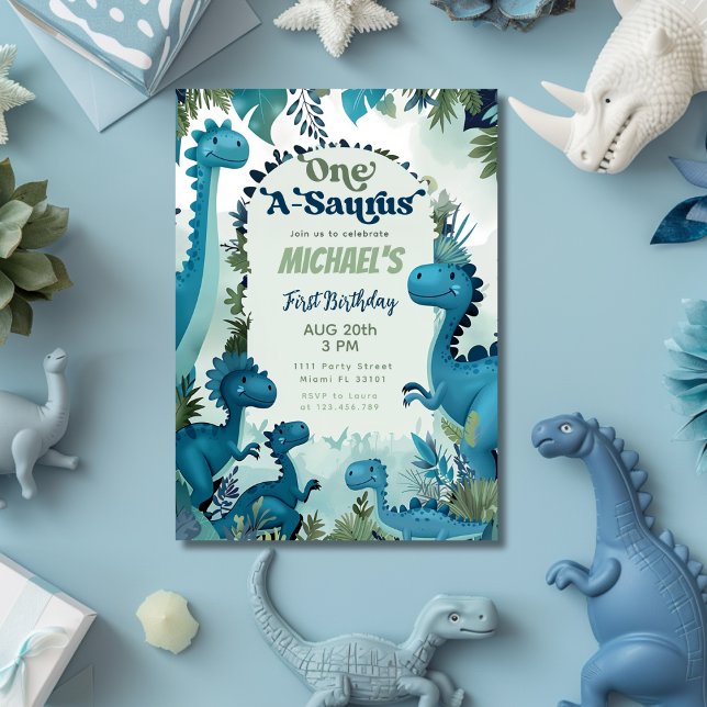 Dinosaur One-A-Saurus Boy Blue 1st Birthday Party Invitation (Dinosaur One-A-Saurus Boy Blue 1st Birthday Party Invitation)