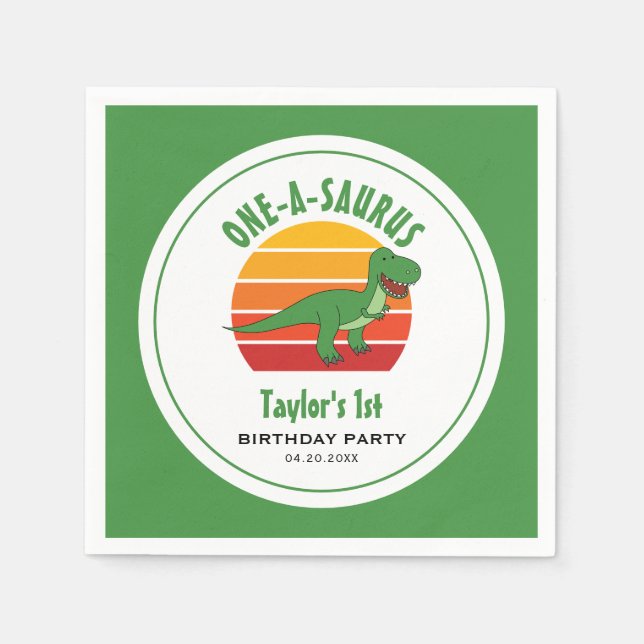 Dinosaur One-A-Saurus Gender Neutral 1st Birthday Napkin (Front)