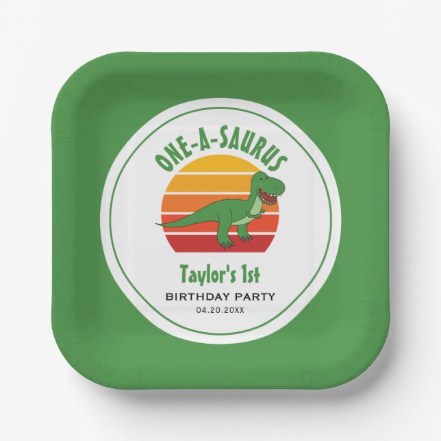 Dinosaur One-A-Saurus Gender Neutral 1st Birthday Paper Plate (Front)
