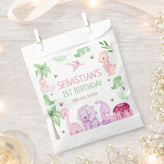 Dinosaur One-A-Saurus Girl 1st Birthday Party Favour Bags (Clipped)